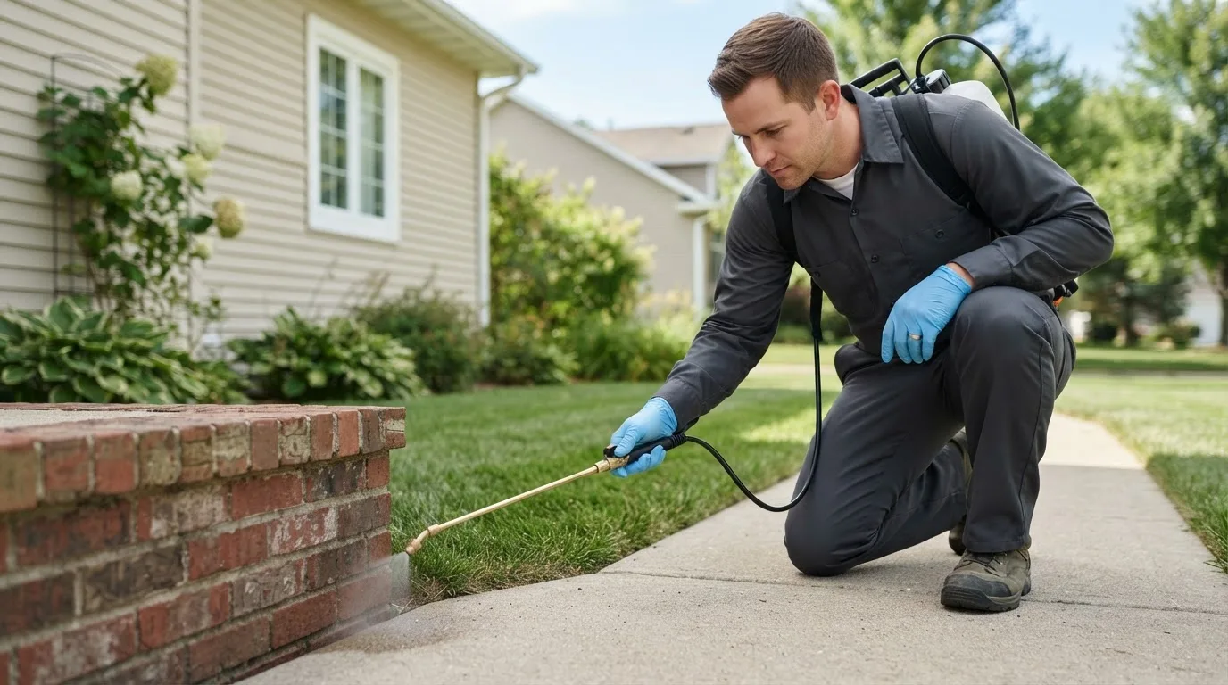Pest control technician treating a home near Oakland, NE