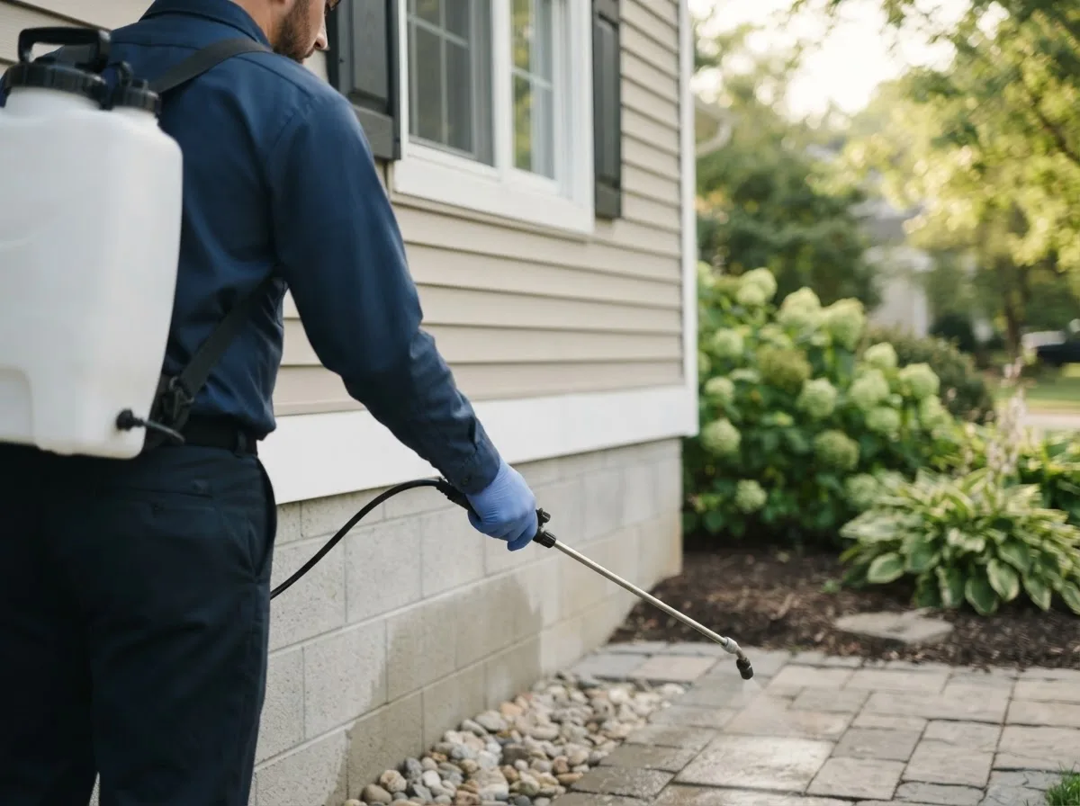 Pest control technician inspecting a home in Oakland, NE